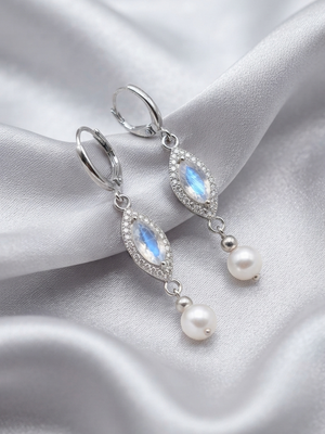 Moonstone and Pearl Drop Earrings for Women, 925 Sterling Silver