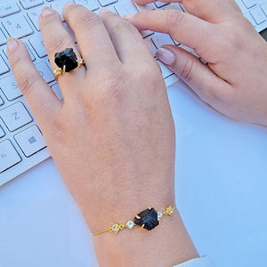 Raw Black Tourmaline Ring Bracelet Set - Uniquelan Jewelry