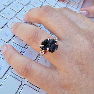 Raw Black Tourmaline Ring Bracelet Set - Uniquelan Jewelry