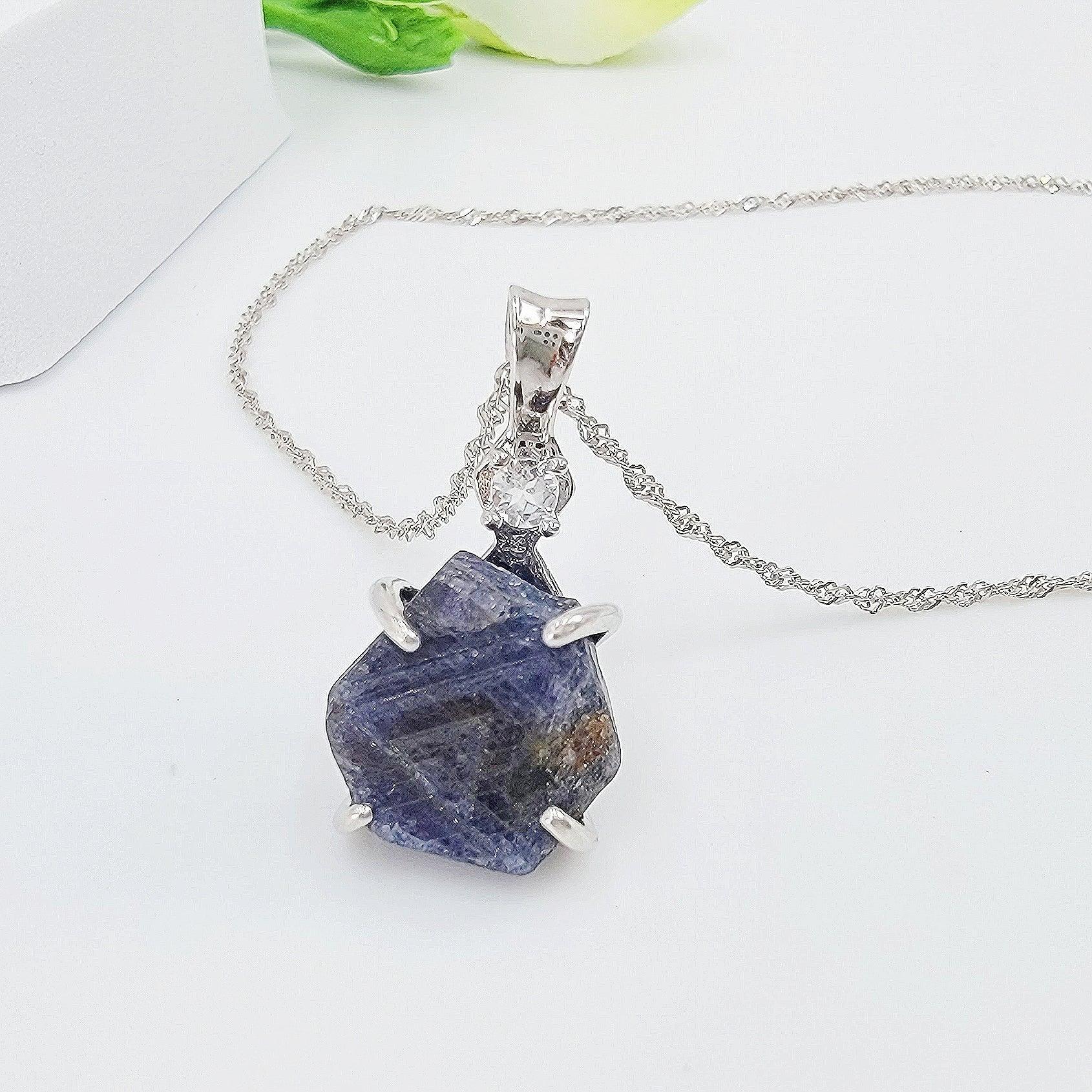 Raw Sapphire Necklace Sterling Silver - Uniquelan Jewelry