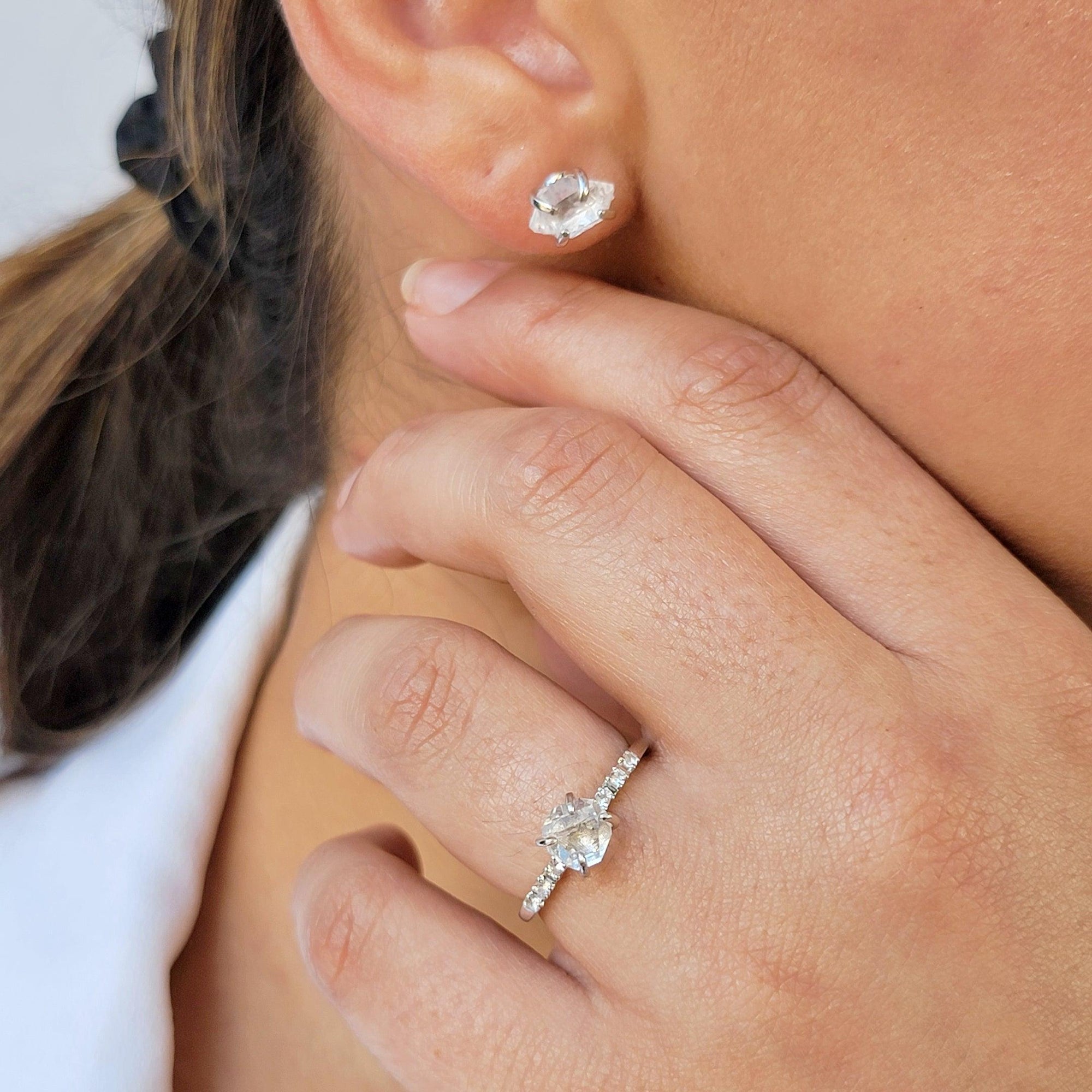 Raw Herkimer Diamond Ring Earring Set - Uniquelan Jewelry