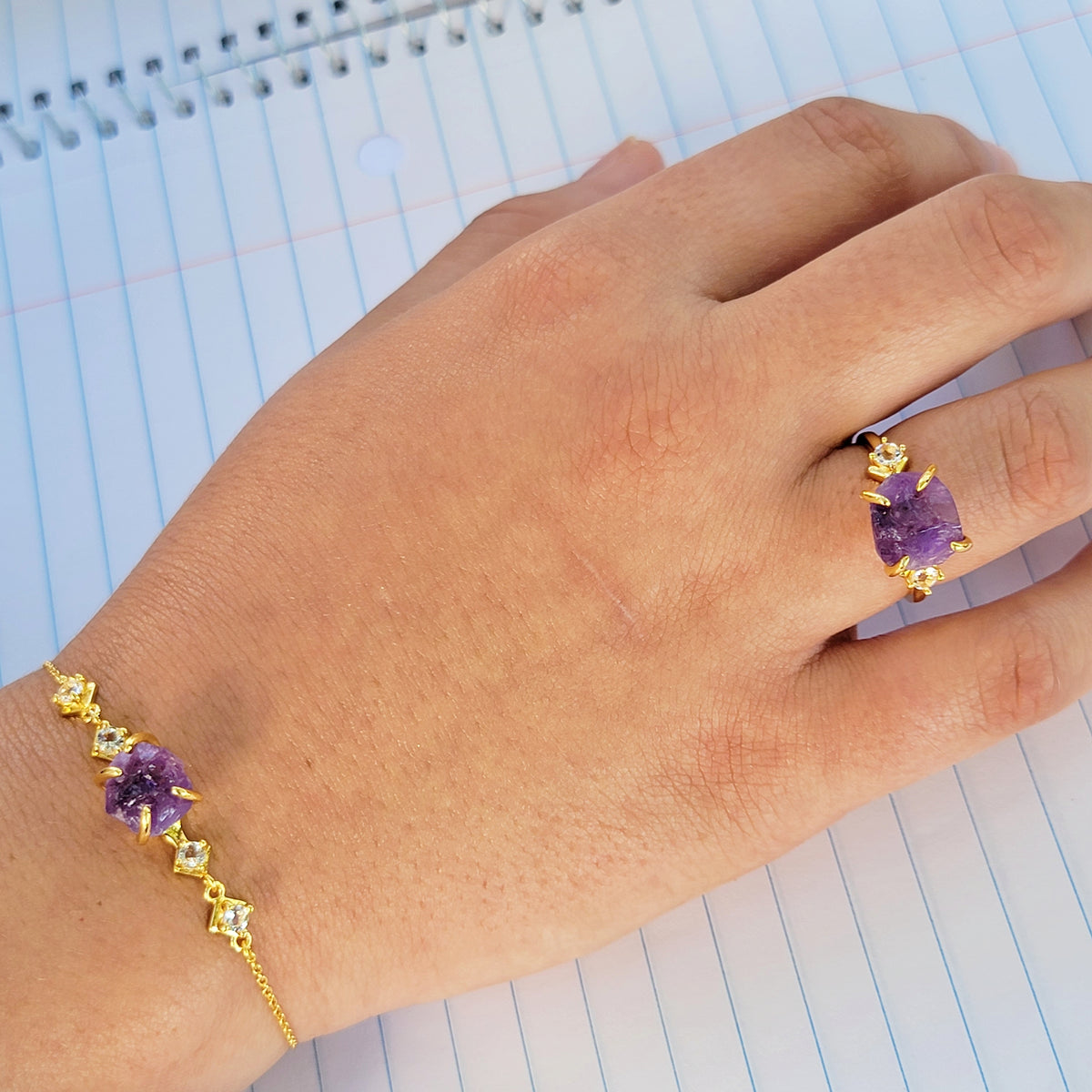 Raw Amethyst Bracelet Ring Set