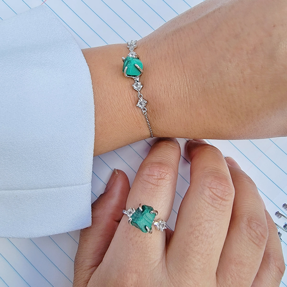 Raw Malachite Bracelet Ring Set