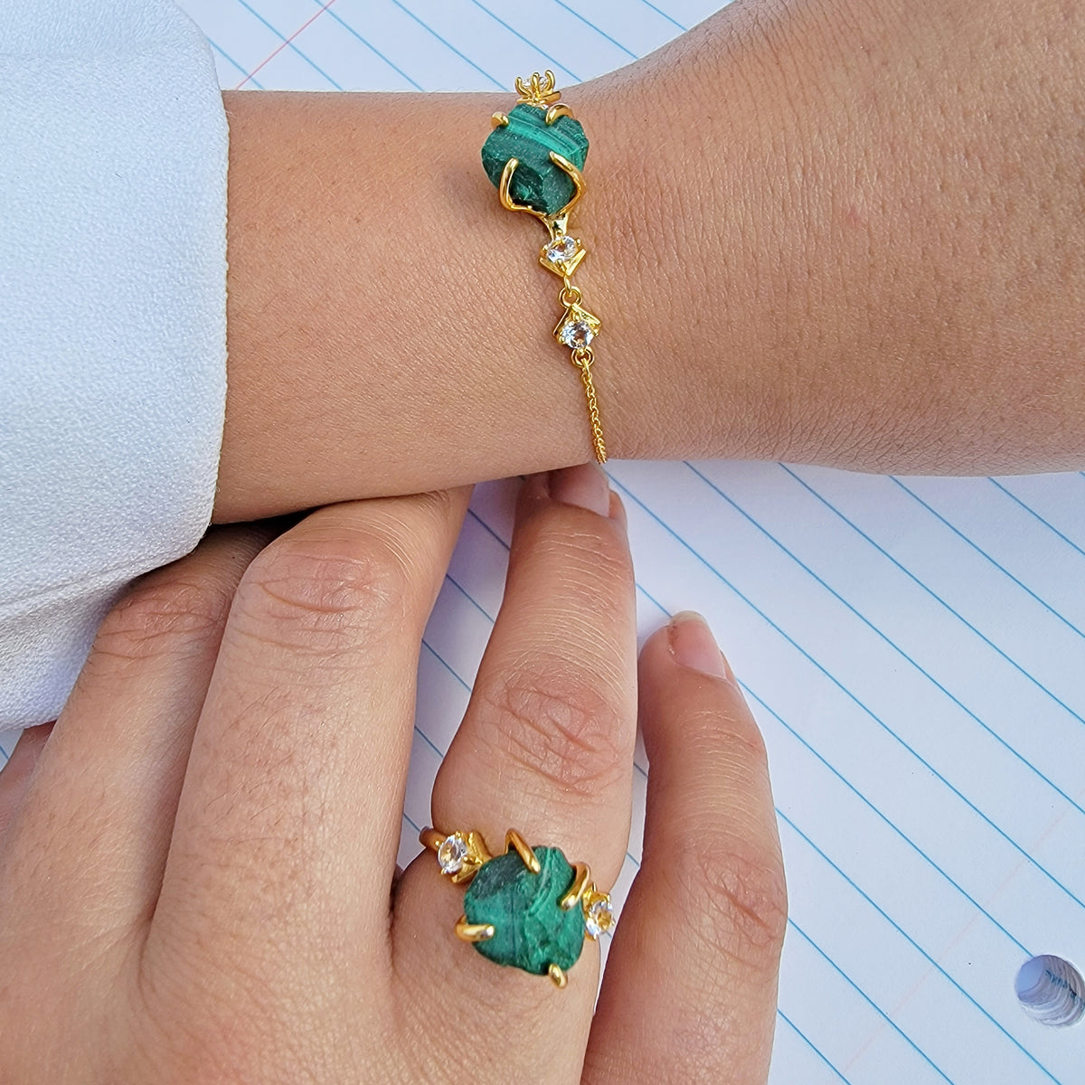 Raw Malachite Bracelet Ring Set