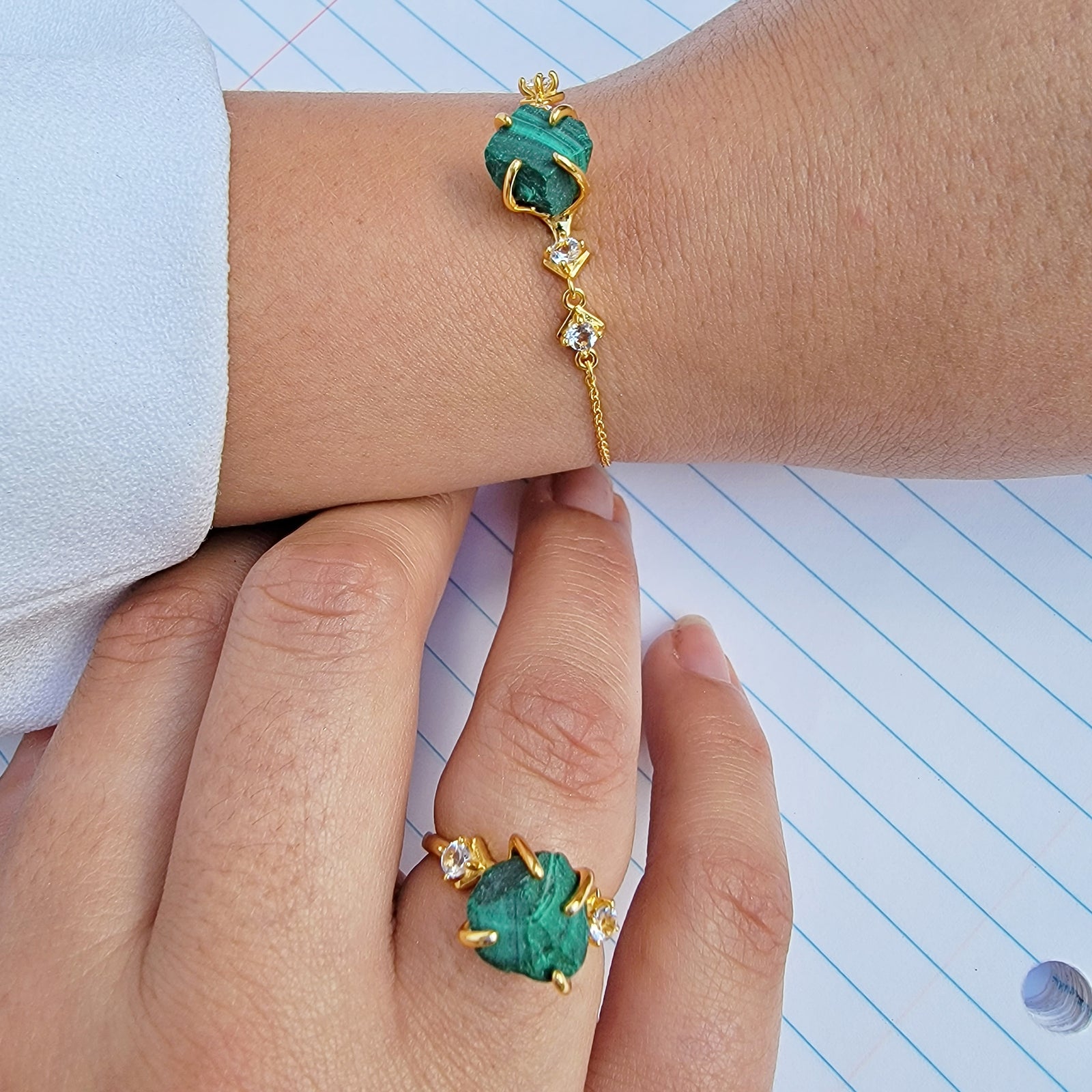 Raw Malachite Bracelet Ring Set