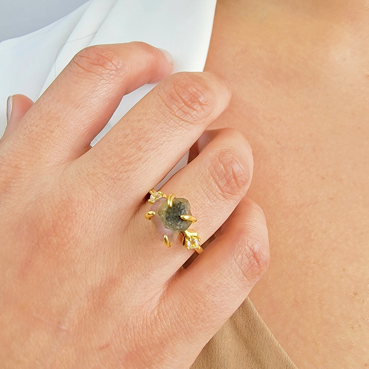 Raw Watermelon Tourmaline Bracelet Ring Set