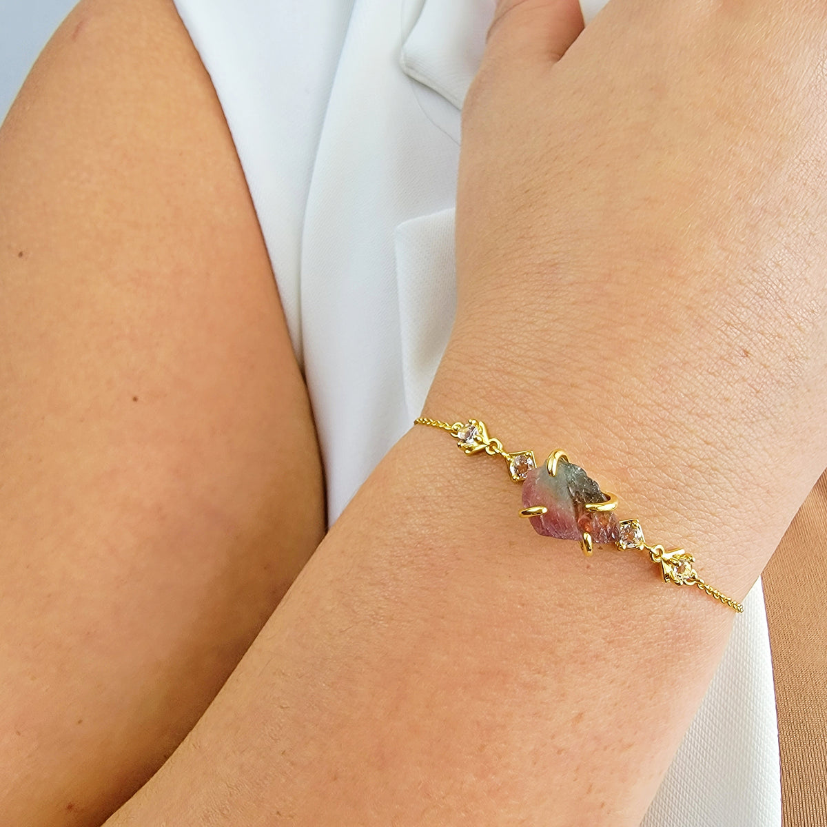 Raw Watermelon Tourmaline Bracelet Ring Set