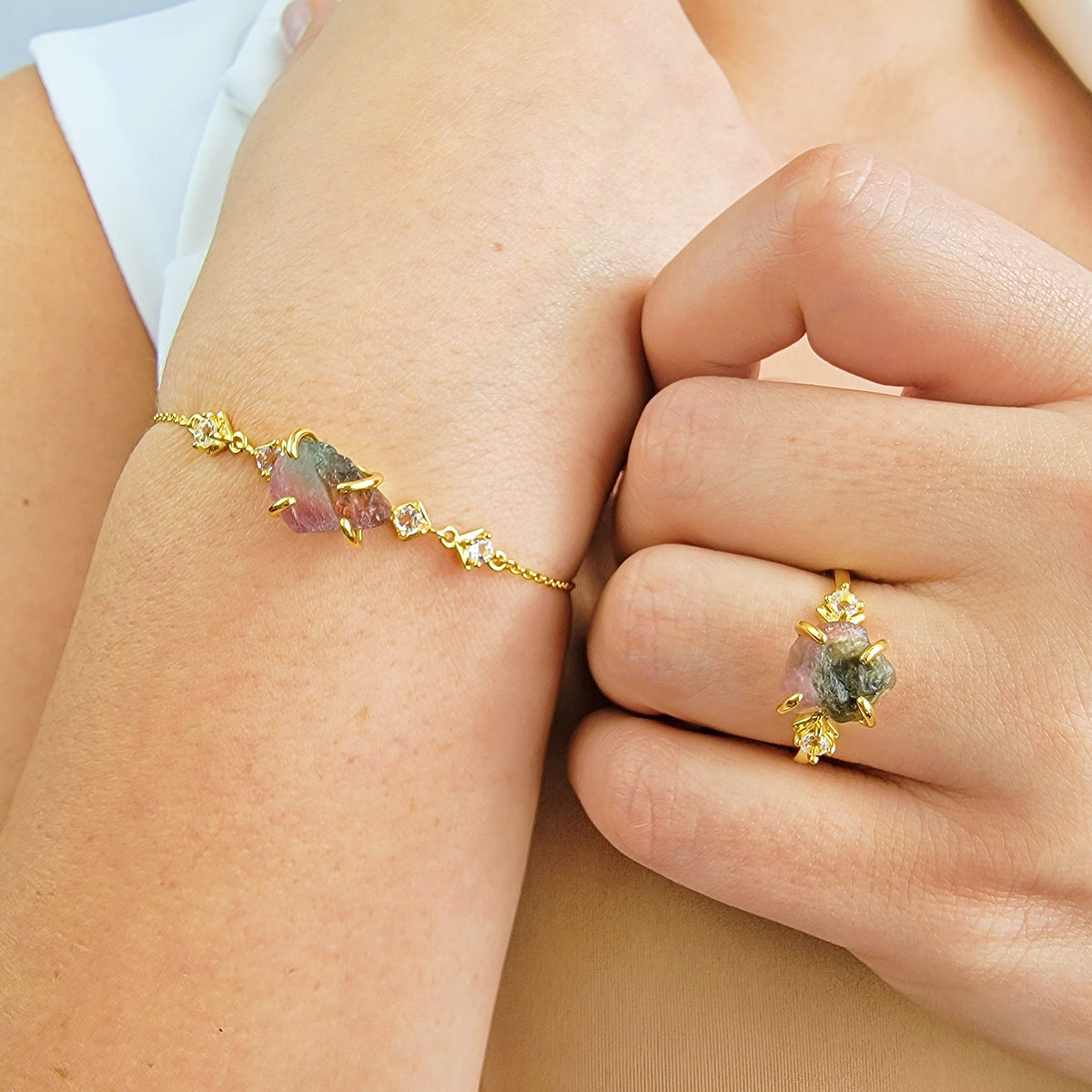 Raw Watermelon Tourmaline Bracelet Ring Set