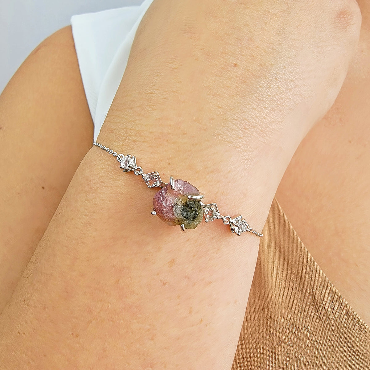 Raw Watermelon Tourmaline Bracelet Ring Set