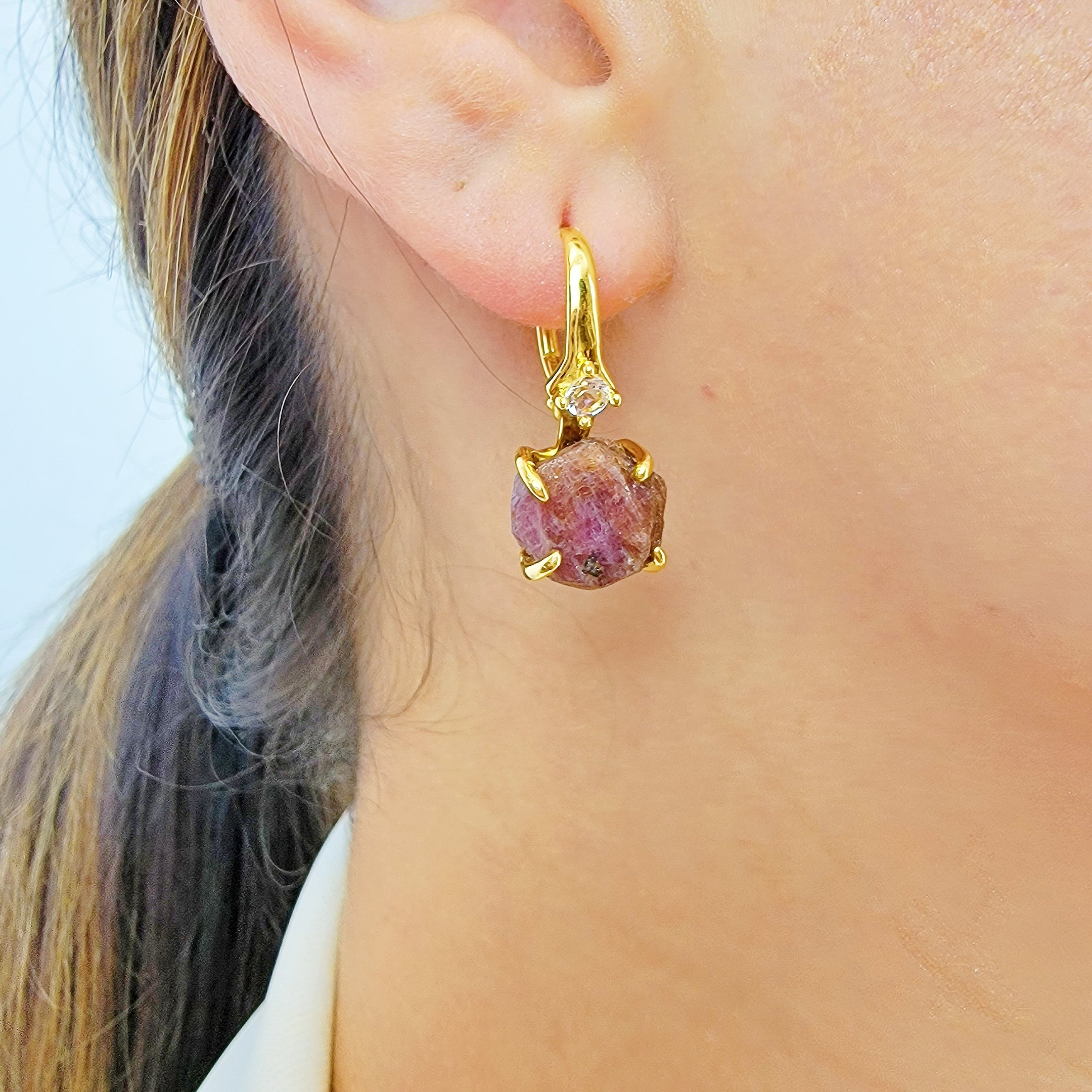 Eternity 1ct Ruby Halo 10K Yellow Gold Drop Earrings:Jian London:10K Gold  Earrings