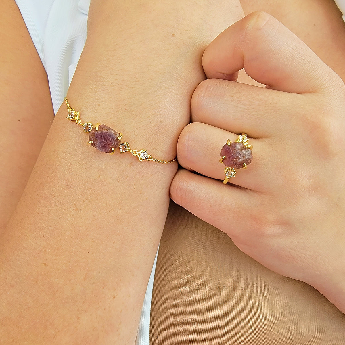 Raw Ruby Ring Bracelet Set