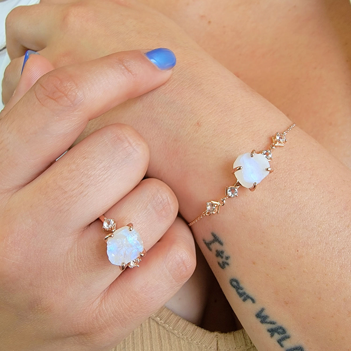 Raw Moonstone Ring Bracelet Set