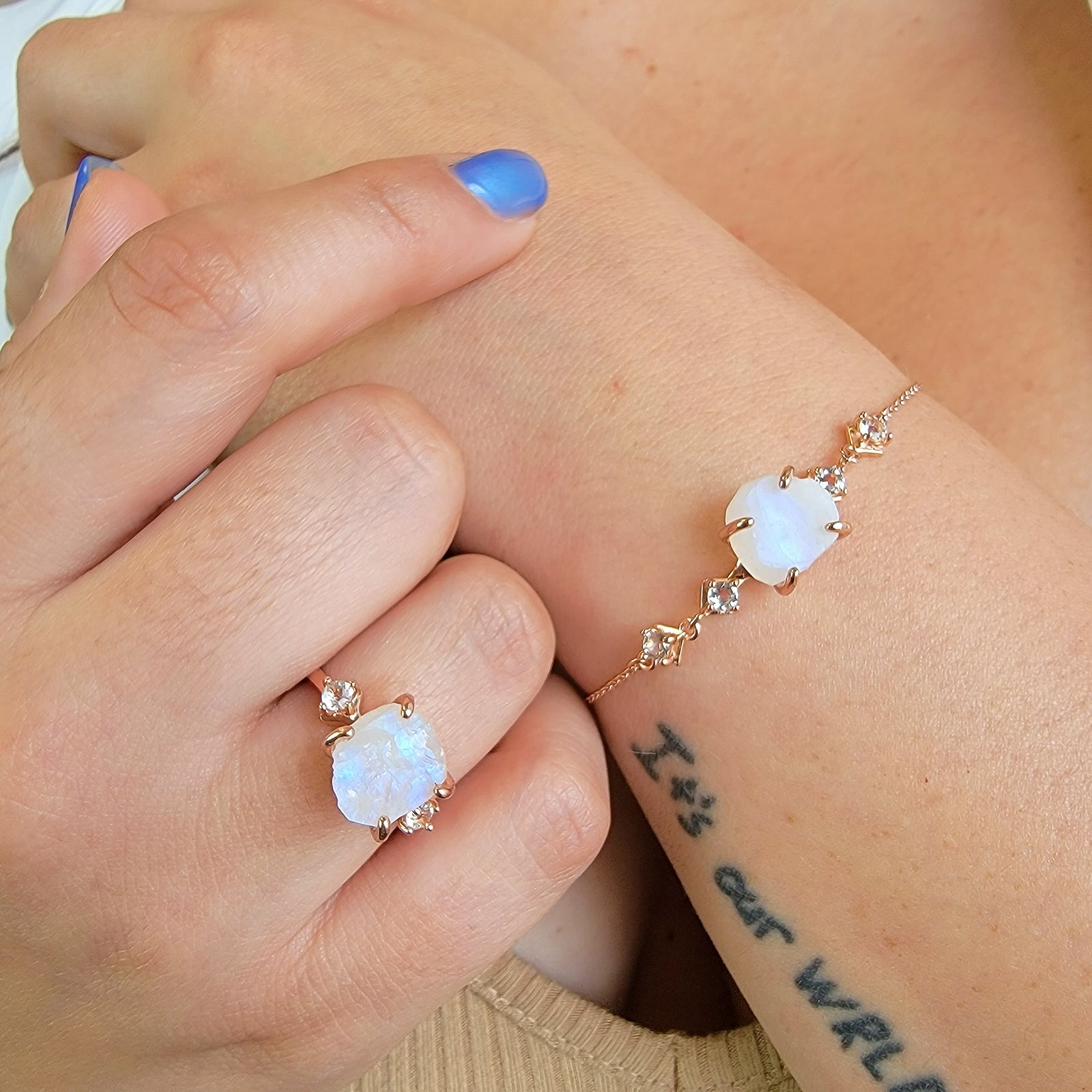 Raw Moonstone Ring Bracelet Set