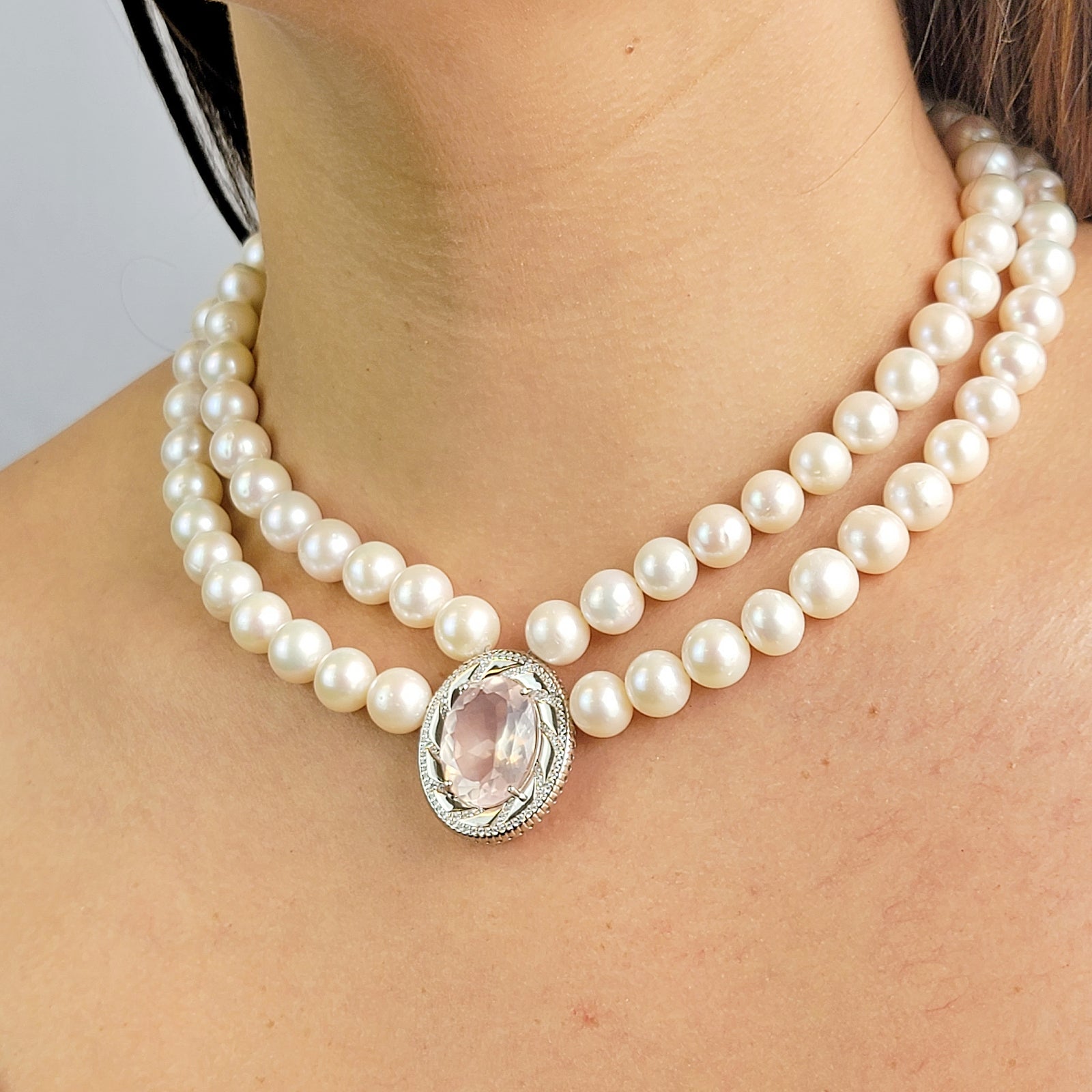 Real Rose Quartz and Pearl Necklace
