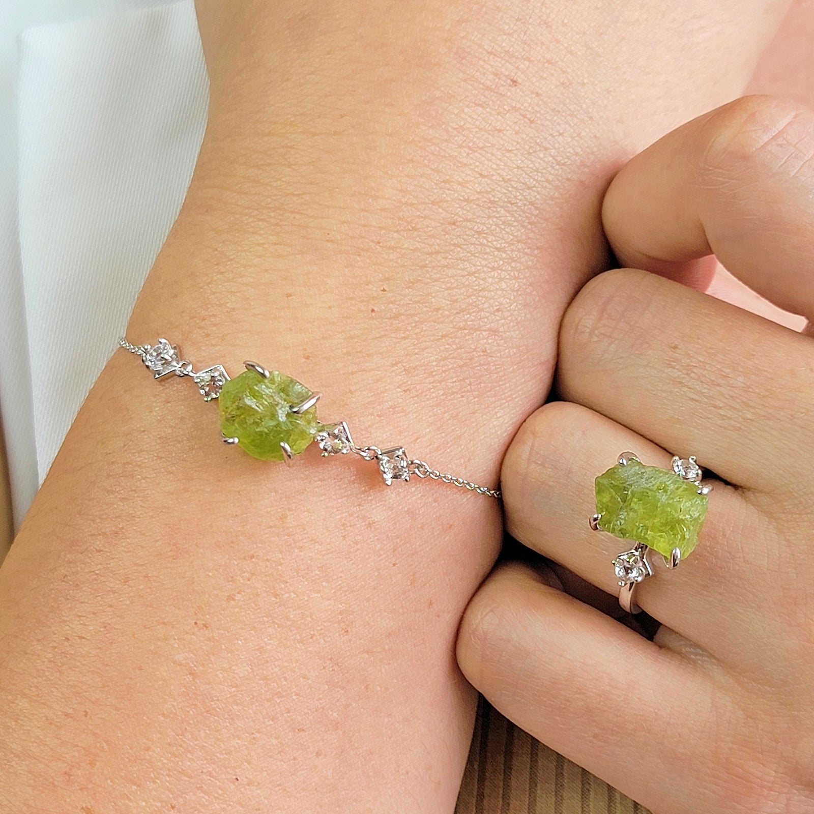 Raw Peridot Bracelet and Ring Set