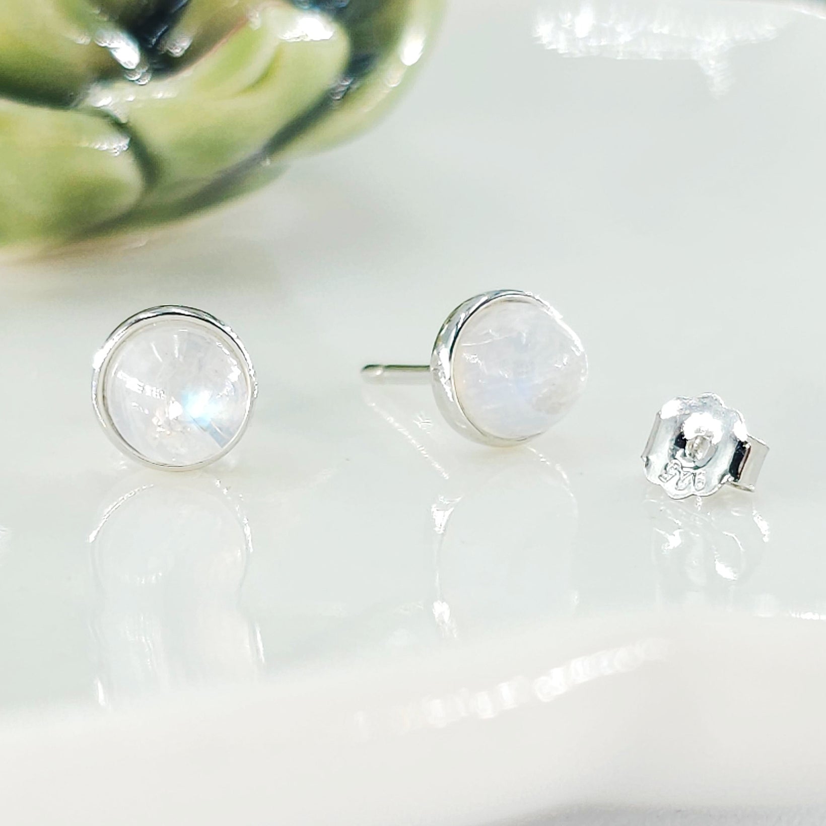 Real Moonstone Bezel Stud Earrings