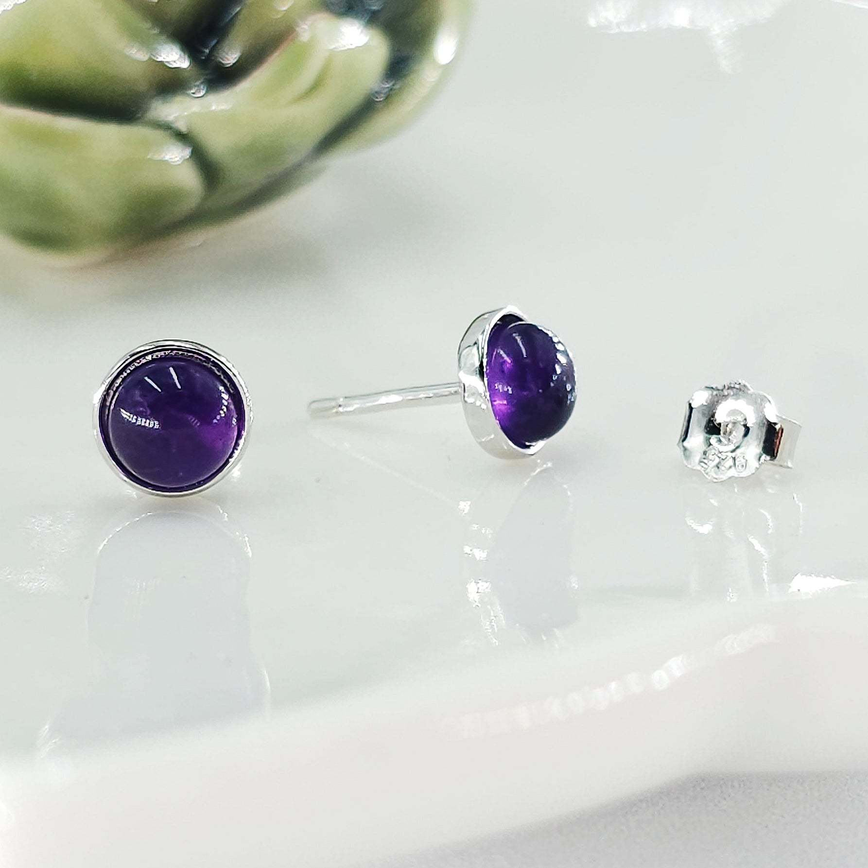 Real Amethyst Bezel Stud Earrings - Uniquelan Jewelry