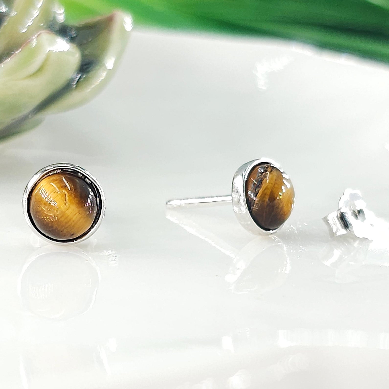 Real Tiger Eye Bezel Stud Earrings - Uniquelan Jewelry