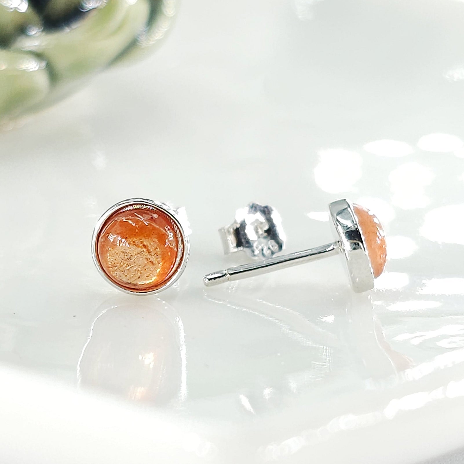 Real Sunstone Bezel Stud Earrings - Uniquelan Jewelry