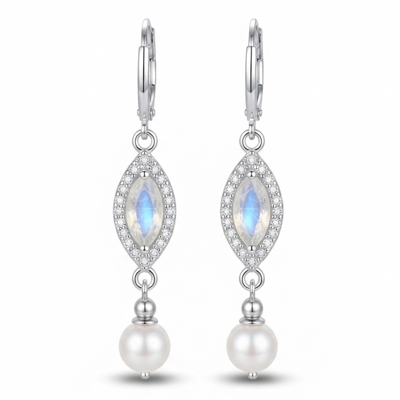 Moonstone and Pearl Drop Earrings for Women, 925 Sterling Silver