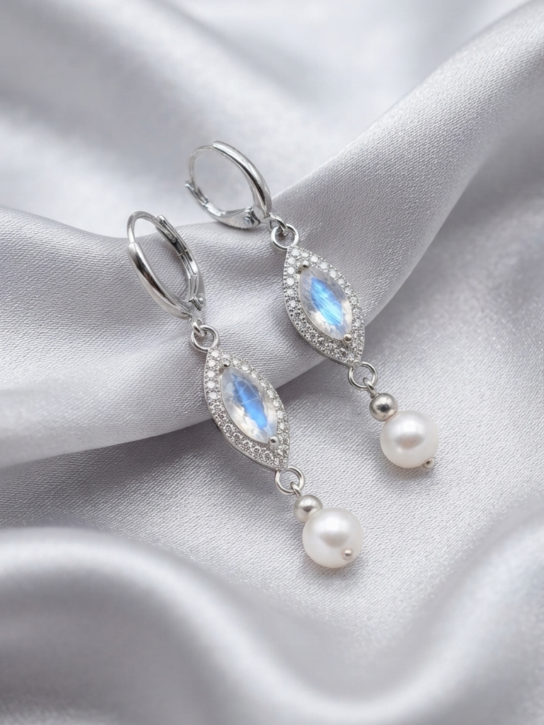 Moonstone and Pearl Drop Earrings for Women, 925 Sterling Silver