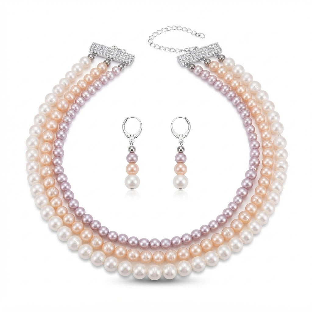 3 Strand Freshwater Real Pearl Choker Necklace and Earrings Set