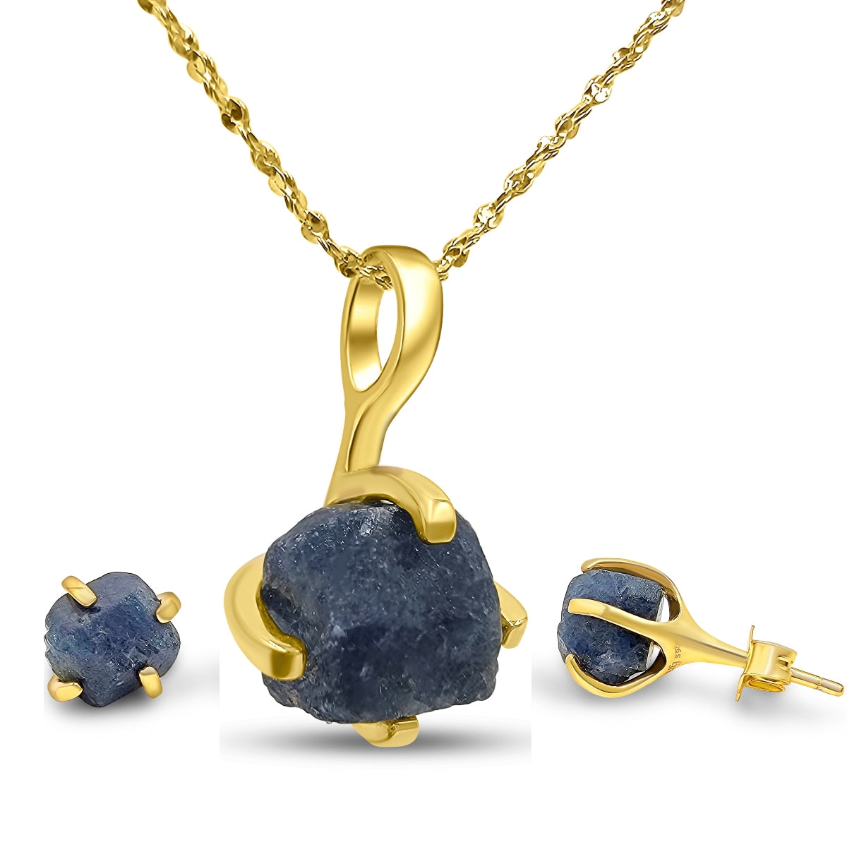 Raw Sapphire Necklace and Stud Earrings Set - Uniquelan Jewelry