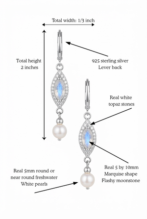 Moonstone and Pearl Drop Earrings for Women, 925 Sterling Silver