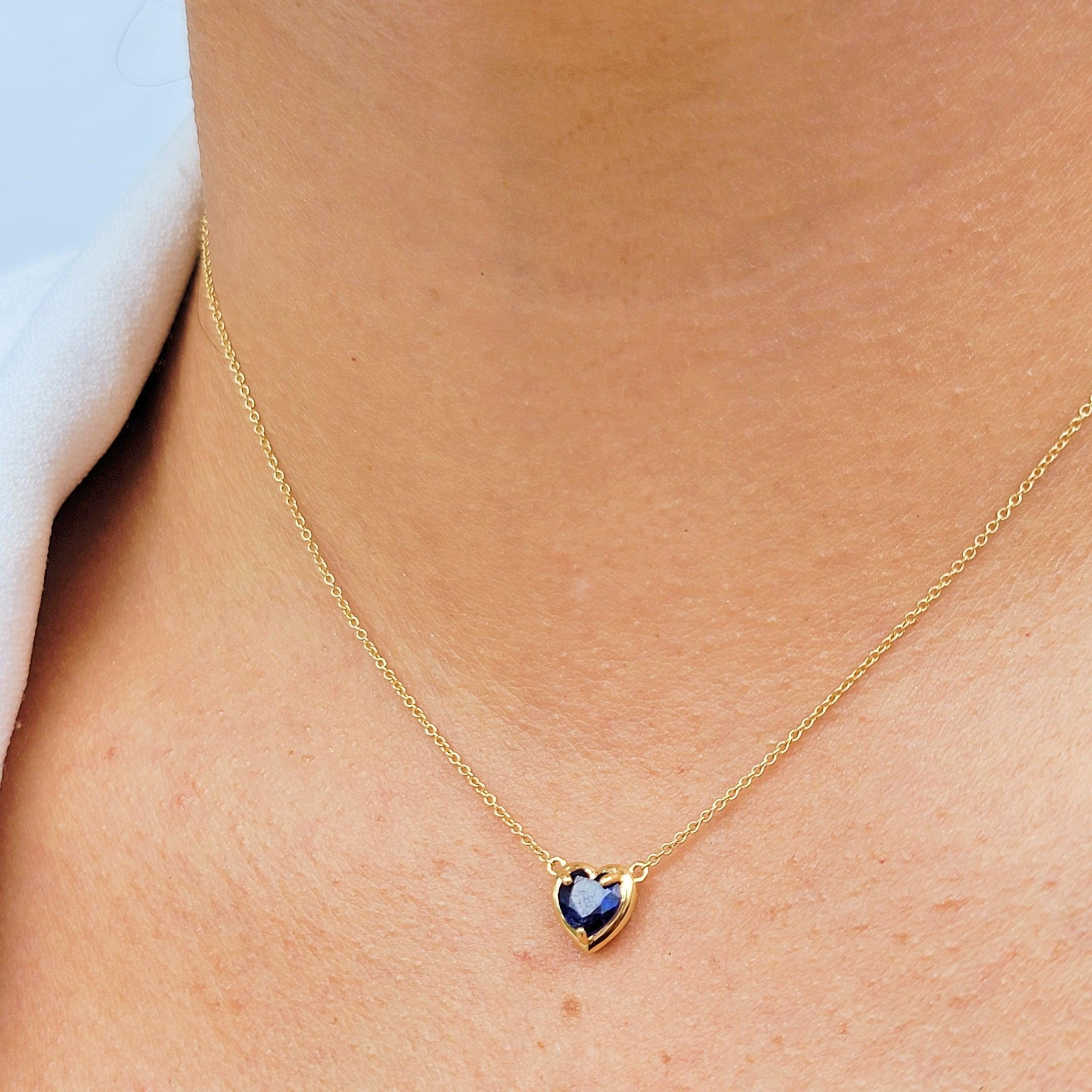 Solid Yellow Gold Heart Sapphire Necklace