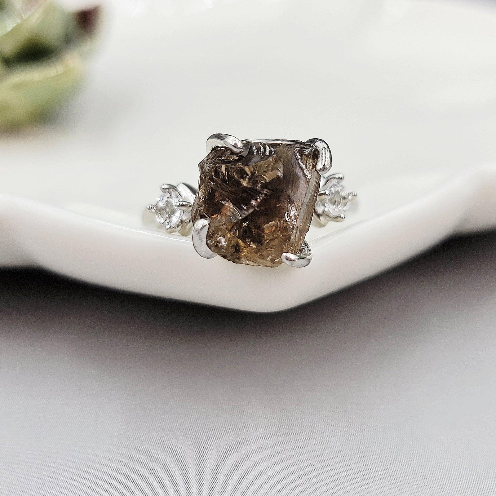 Raw Smoky Quartz Ring Bracelet Set - Uniquelan Jewelry