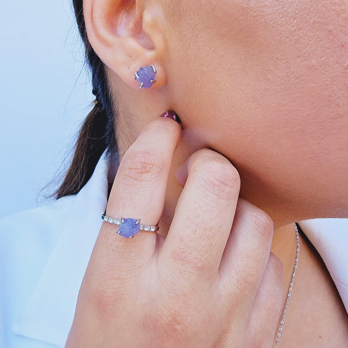 Raw Tanzanite Stud Earrings and Ring - Uniquelan Jewelry