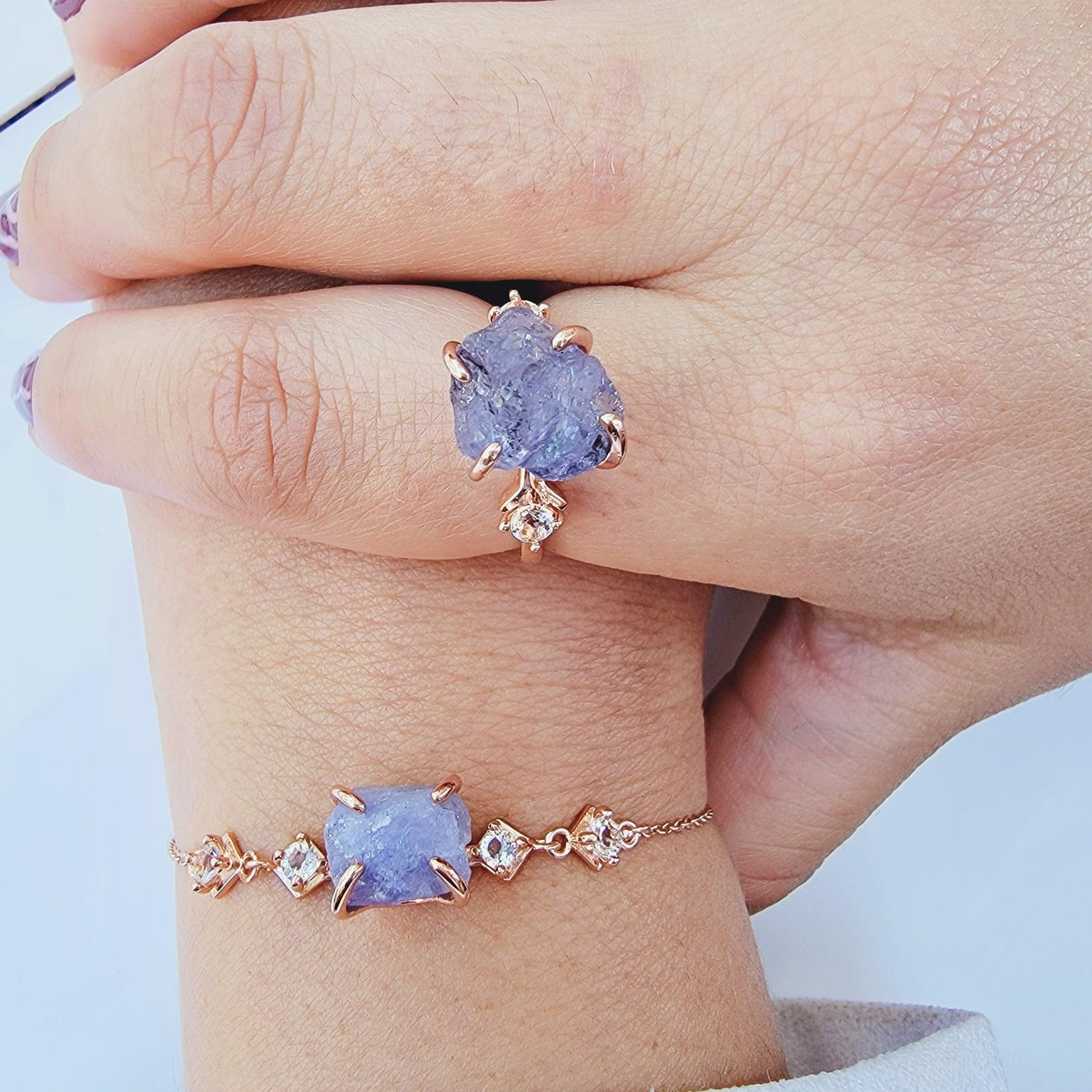 Raw Tanzanite Ring Bracelet Set - Uniquelan Jewelry