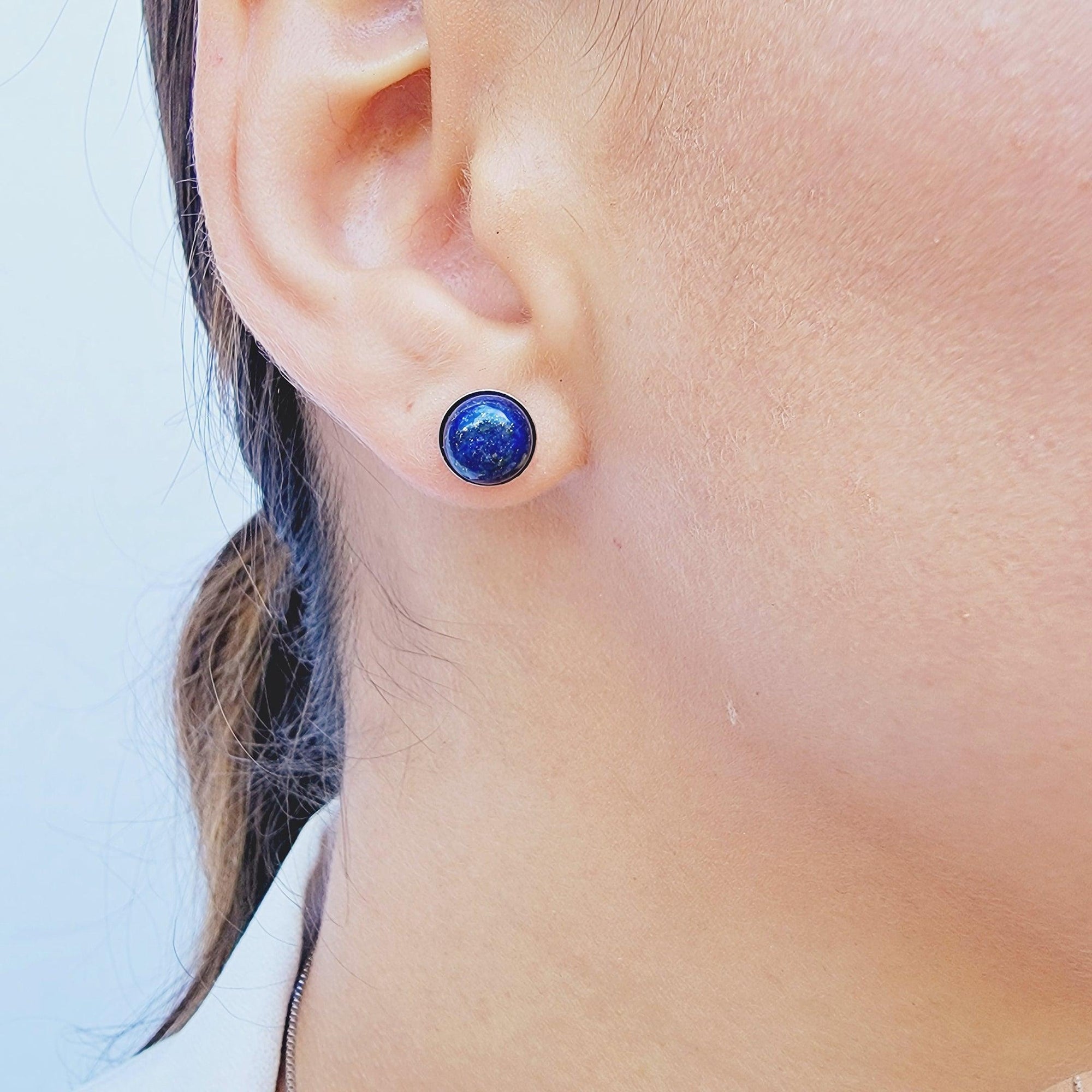 Real Lapis Lazuli Bezel Stud Earrings - Uniquelan Jewelry