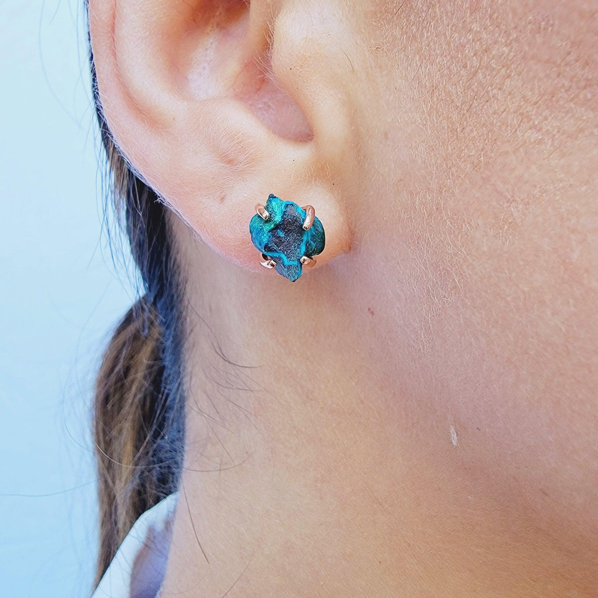 Genuine Raw Chrysocolla Stud Earrings - Uniquelan Jewelry