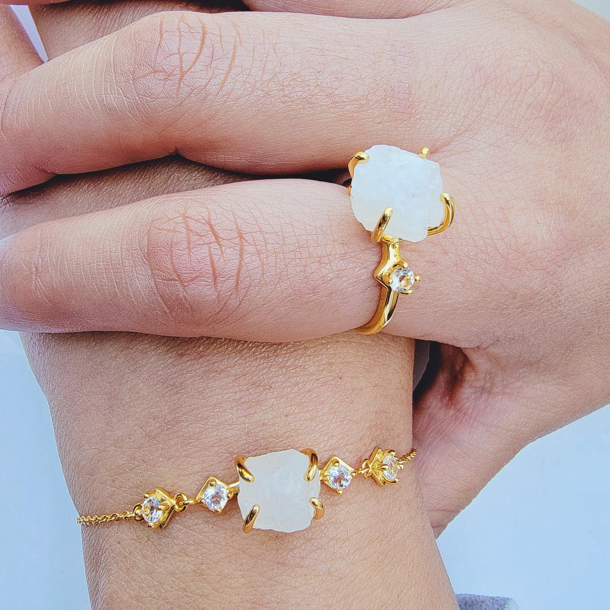 Raw Moonstone Ring Bracelet Set - Uniquelan Jewelry