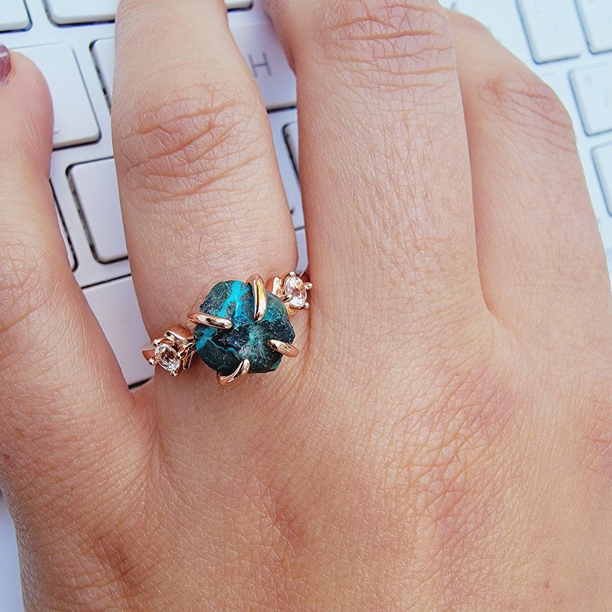 Raw Chrysocolla Crystal Ring Set - Uniquelan Jewelry