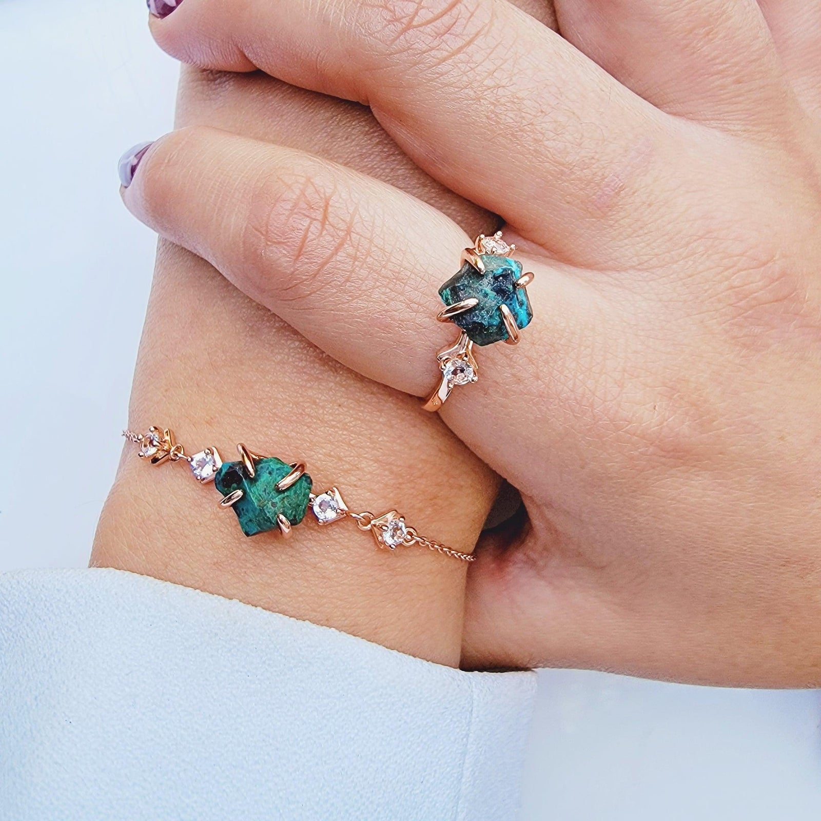 Raw Chrysocolla Crystal Ring Set - Uniquelan Jewelry