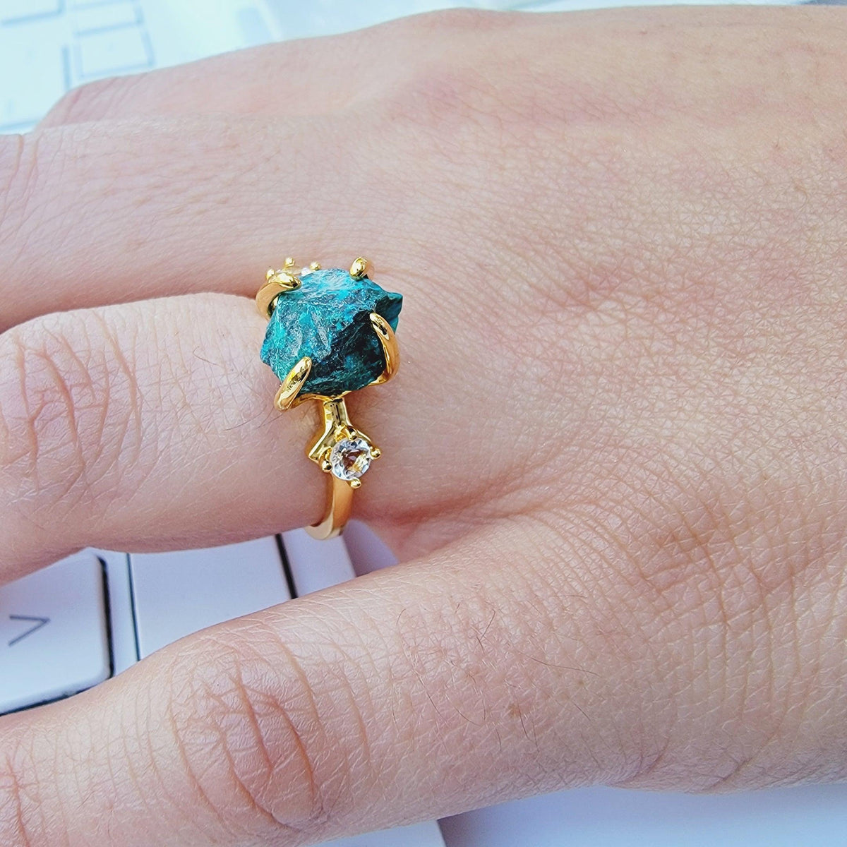 Raw Chrysocolla Crystal Ring - Uniquelan Jewelry
