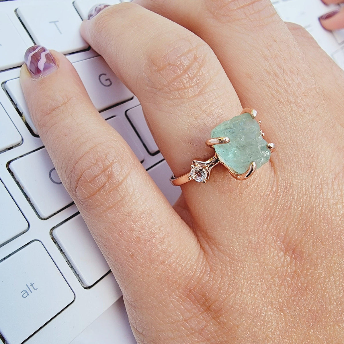 Raw Aquamarine Ring Bracelet Set - Uniquelan Jewelry