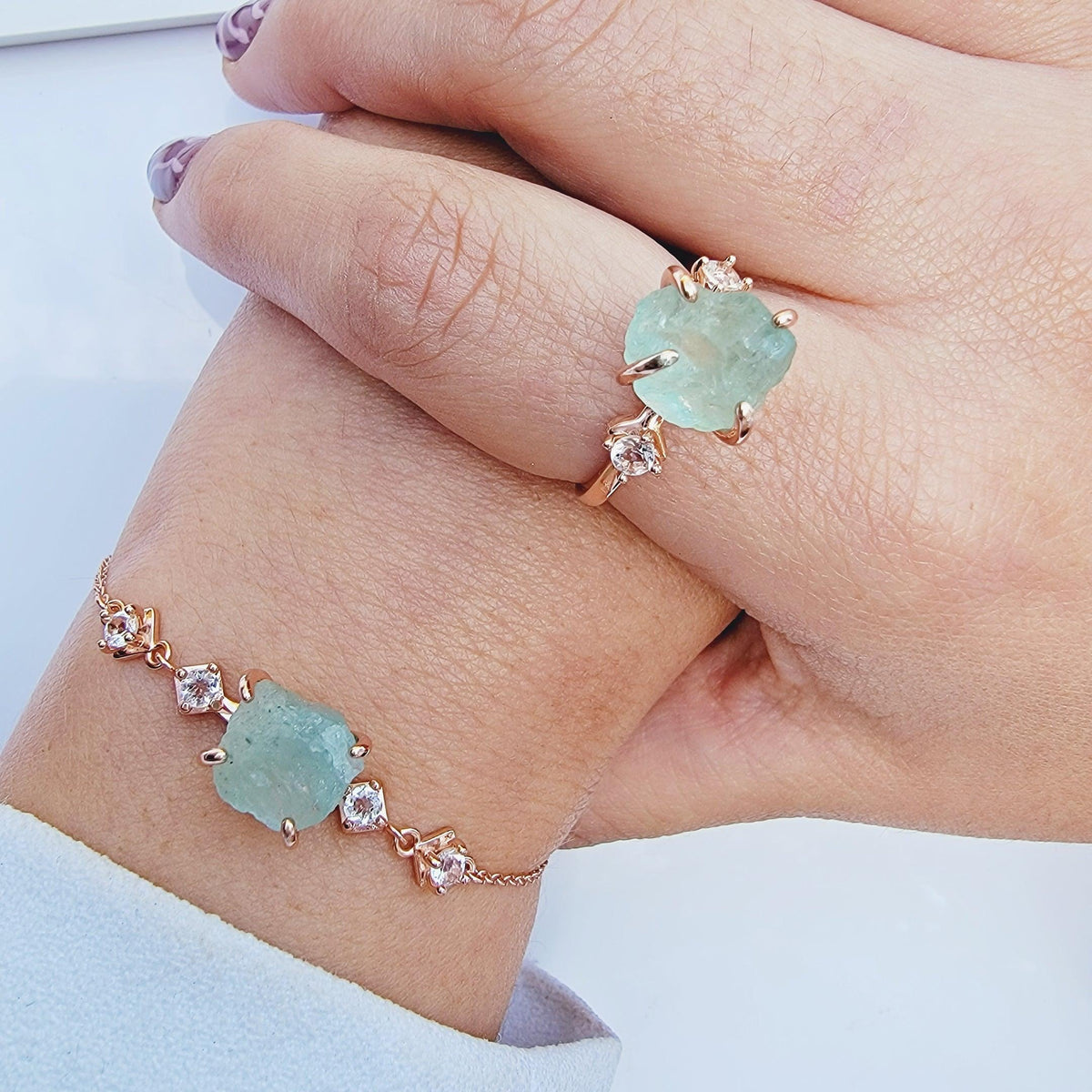 Raw Aquamarine Ring Bracelet Set - Uniquelan Jewelry