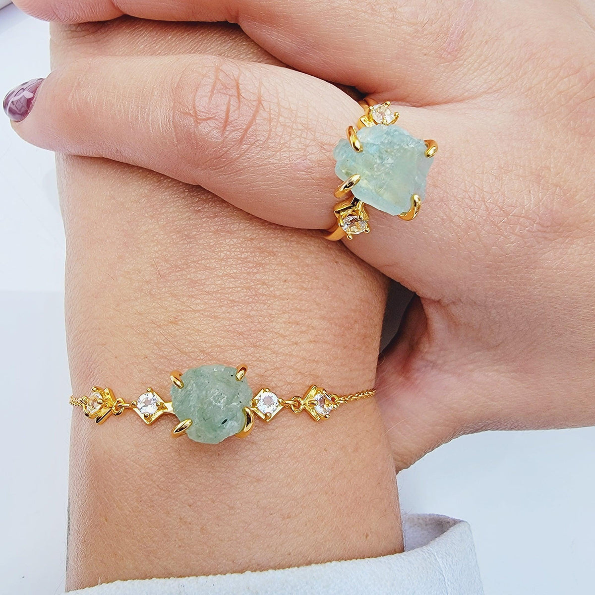 Raw Aquamarine Ring Bracelet Set - Uniquelan Jewelry
