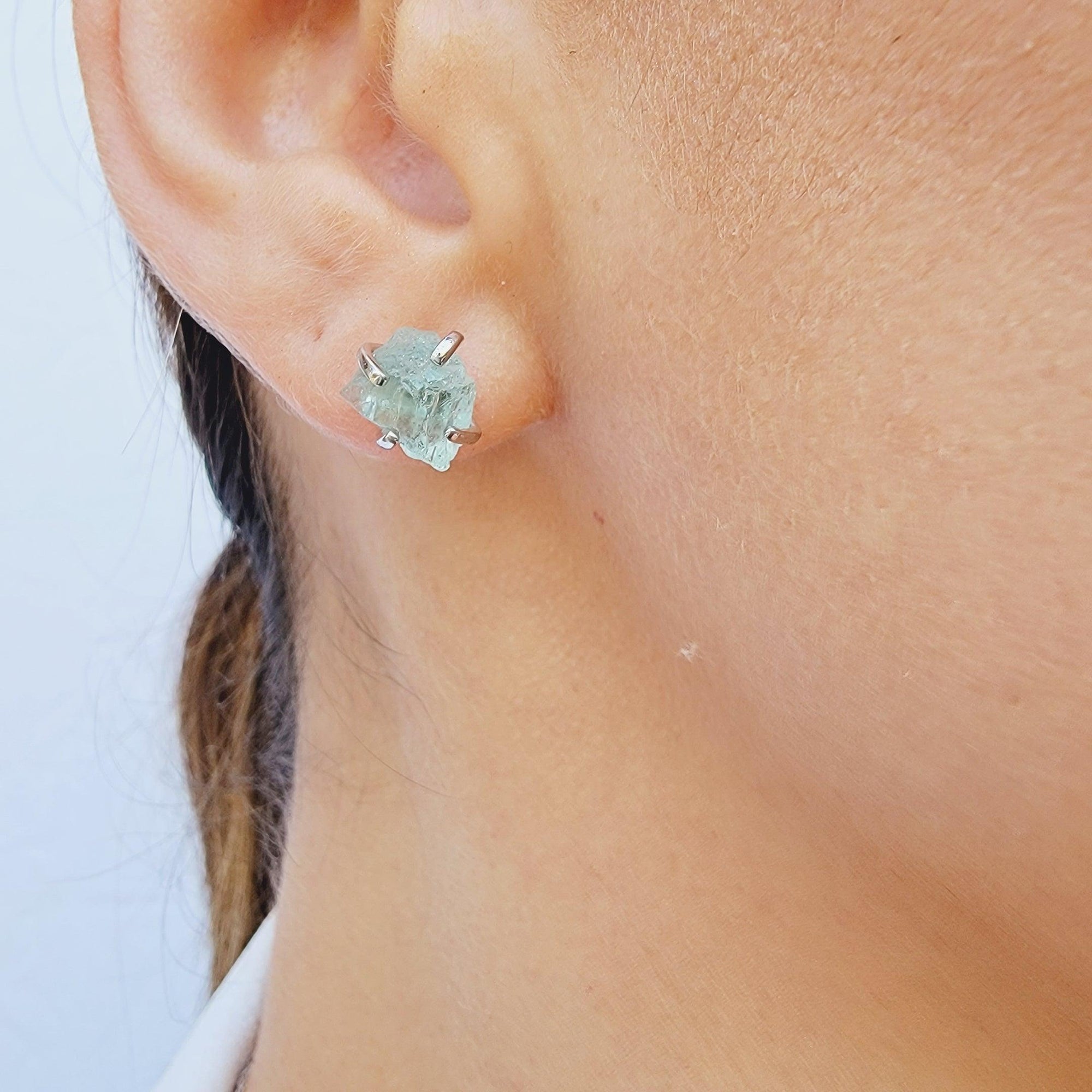 Genuine Raw Aquamarine Stud Earrings - Uniquelan Jewelry