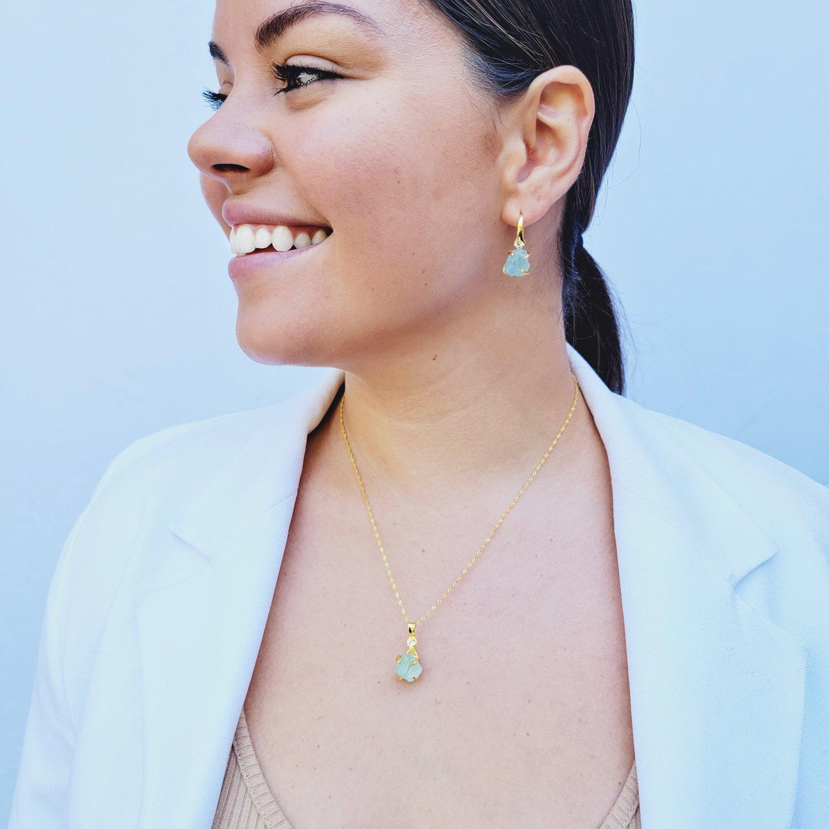 Raw Aquamarine Crystal Necklace Set - Uniquelan Jewelry