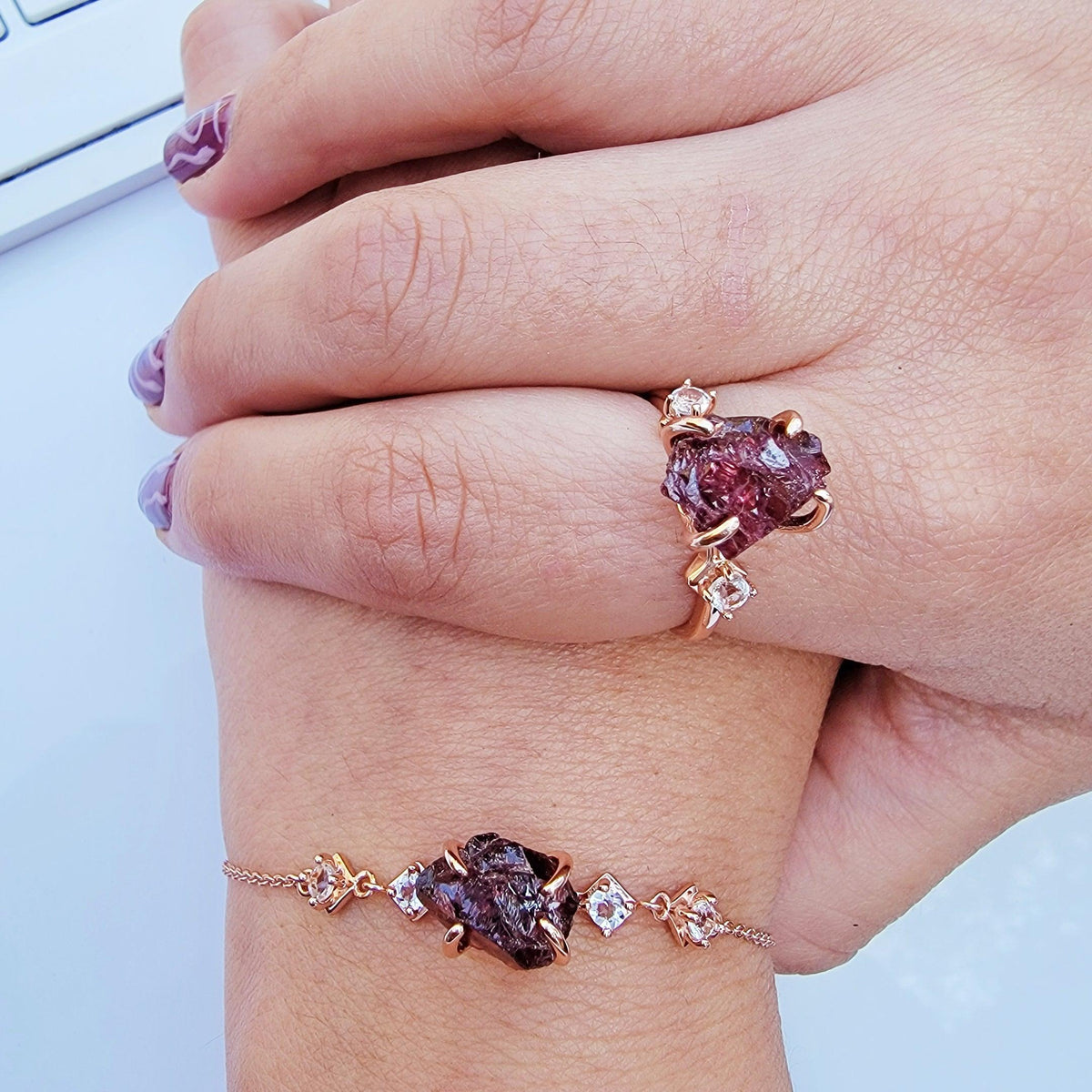 Raw Garnet Ring Bracelet Set - Uniquelan Jewelry