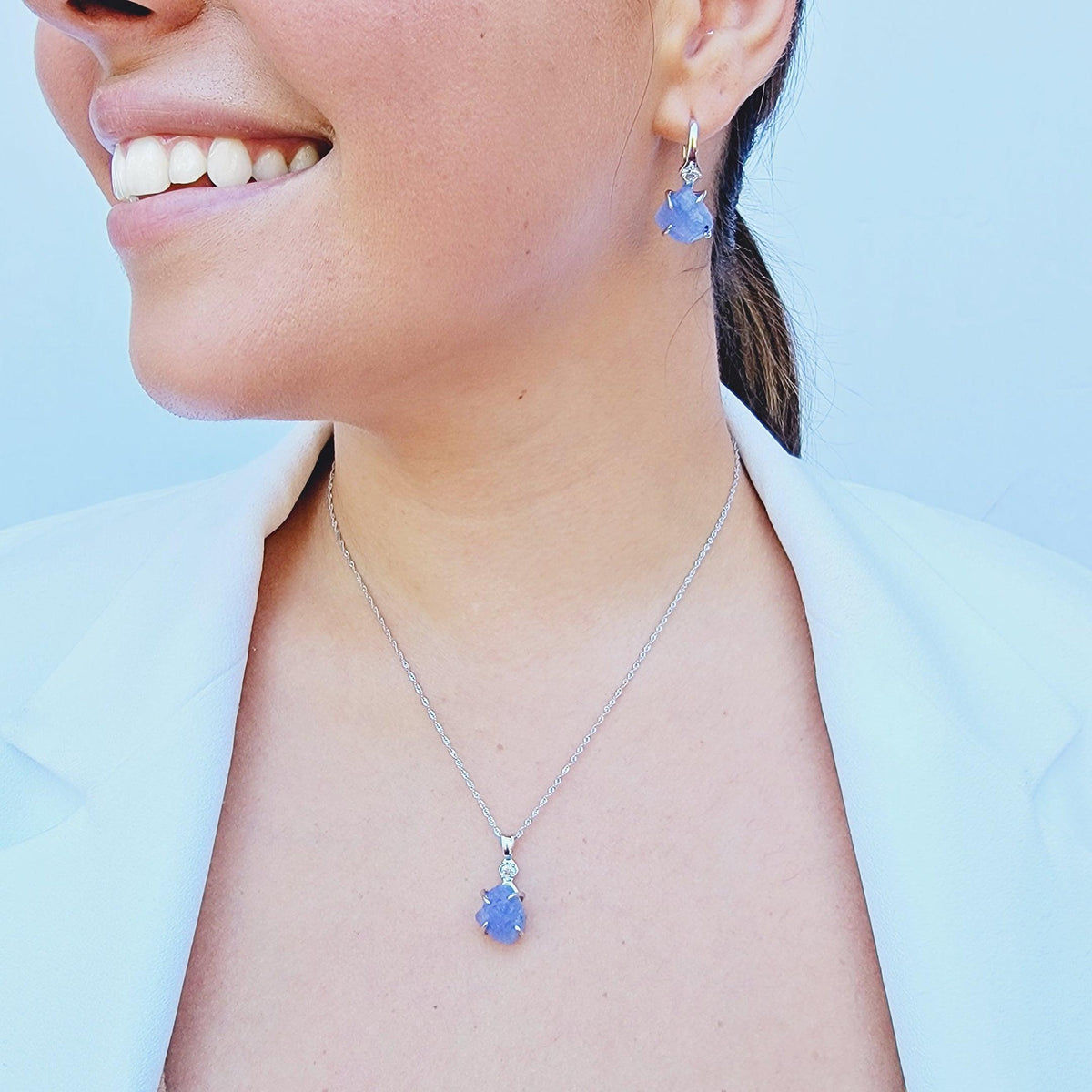 Raw Tanzanite Necklace Drop Earring Set - Uniquelan Jewelry