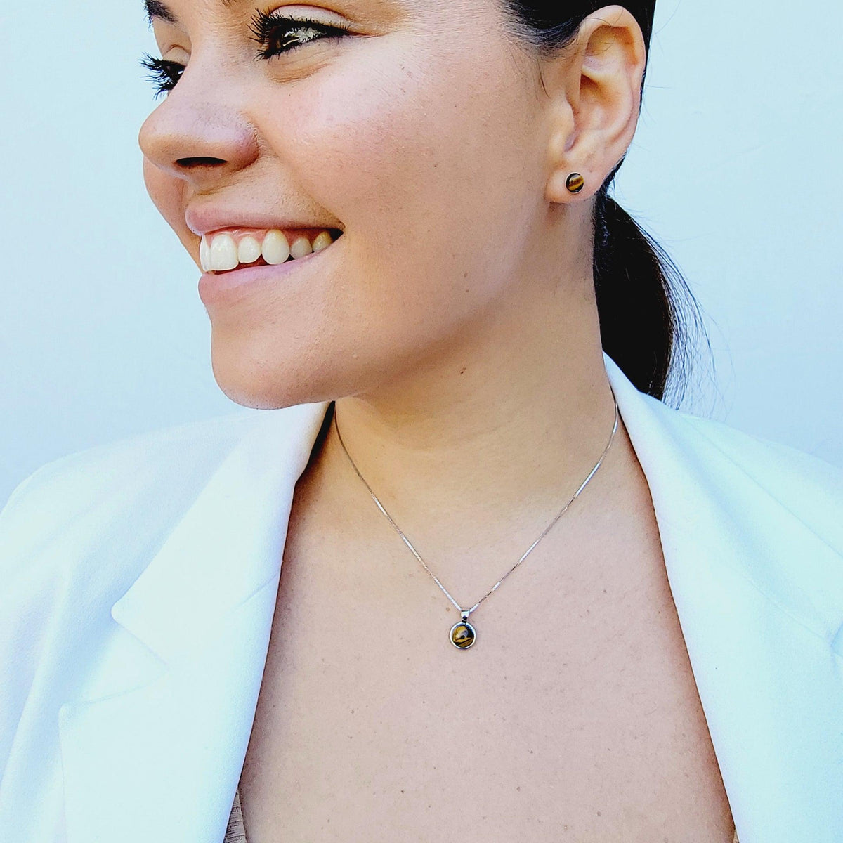 Real Tiger Eye Bezel Stud Earrings - Uniquelan Jewelry