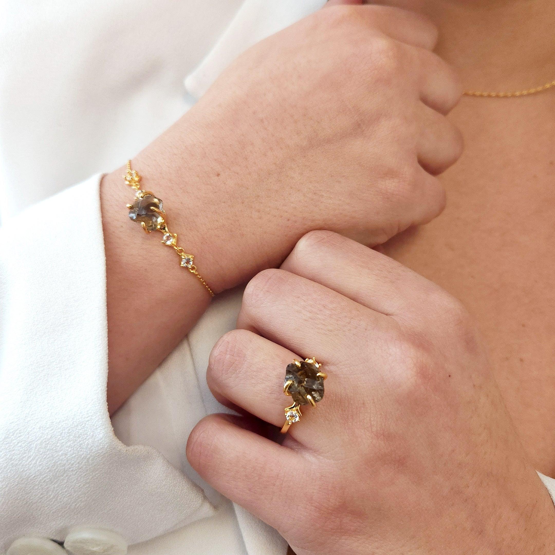 Raw Smoky Quartz Ring Bracelet Set