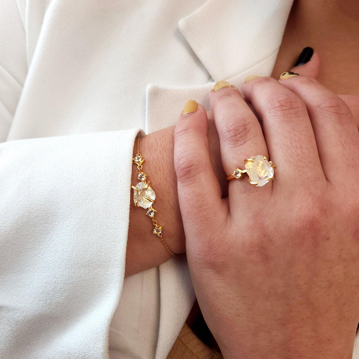 Raw Clear Quartz Ring Bracelet Set - Uniquelan Jewelry