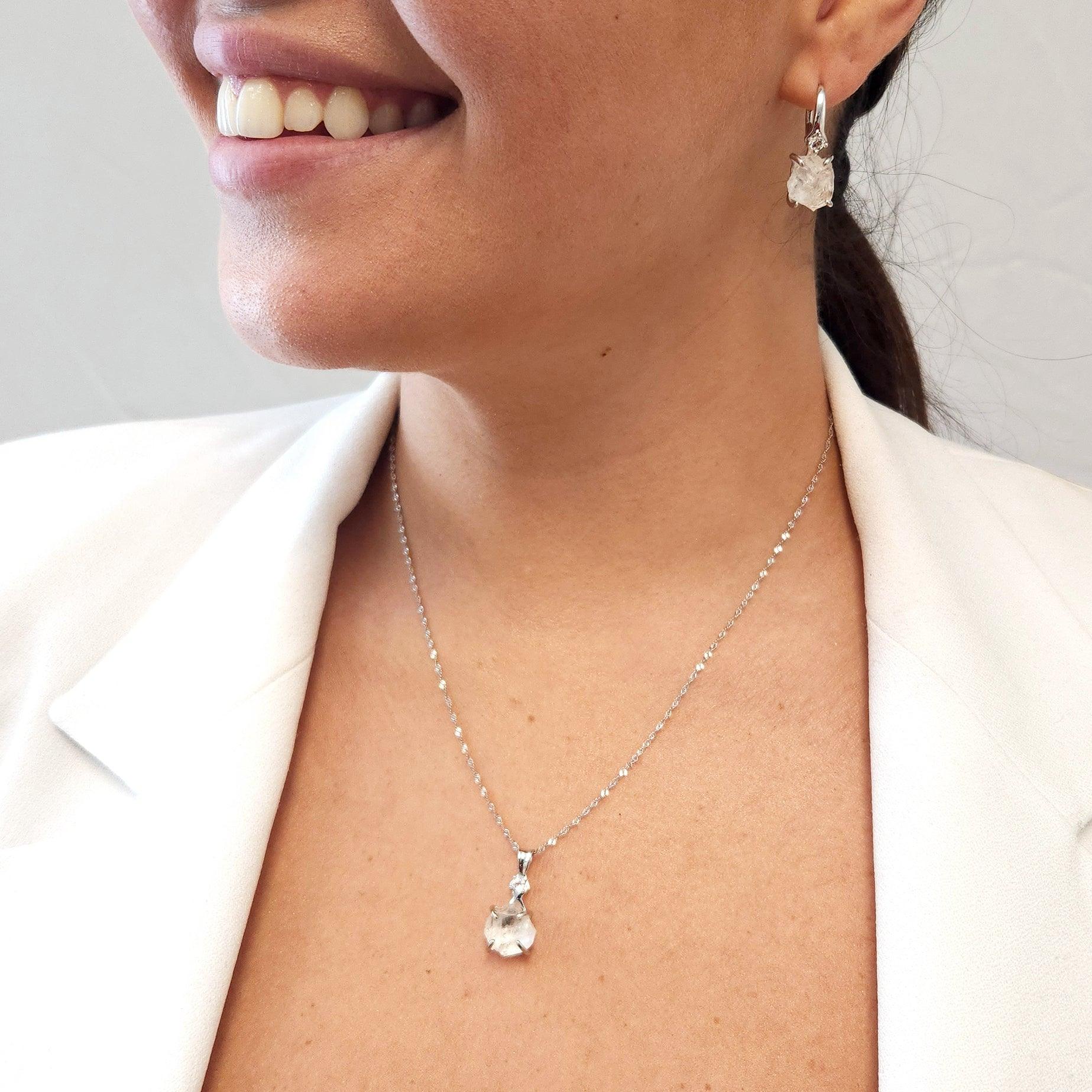Raw Clear Quartz Necklace Drop Earrings Set - Uniquelan Jewelry