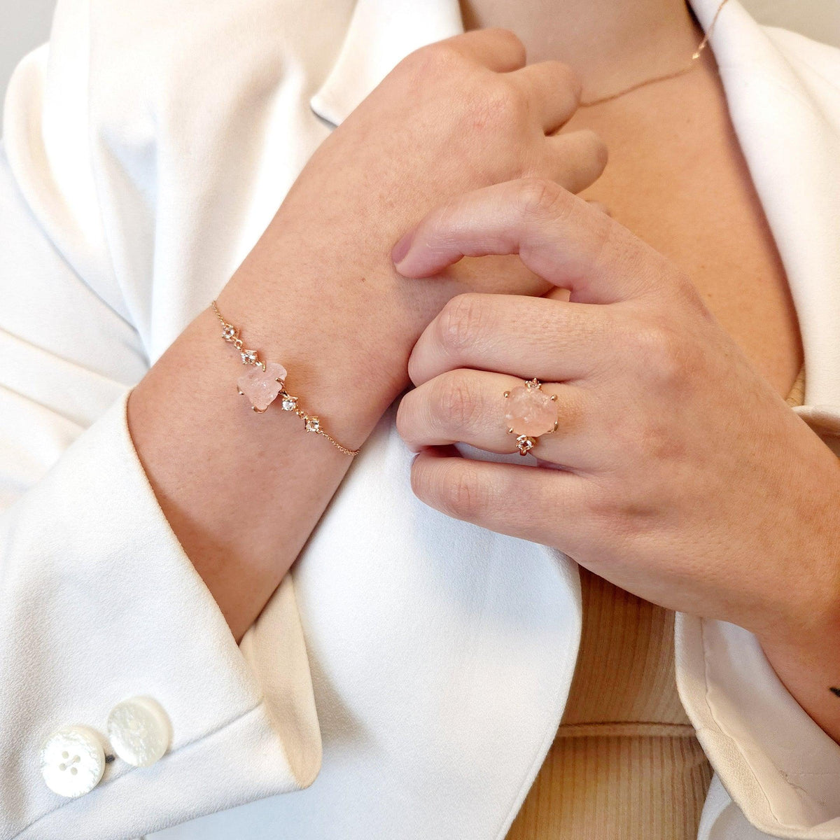 Raw Morganite Ring and Bracelet Set - Uniquelan Jewelry